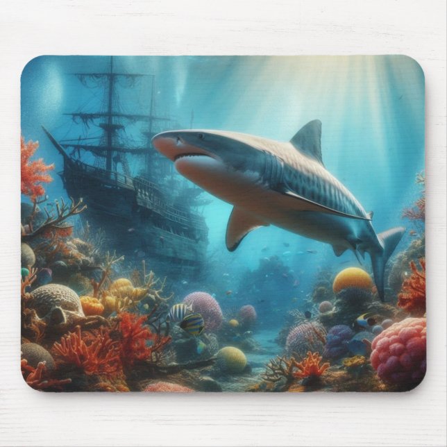 Tapis De Souris Coastal/nautical tiger shark & coral reef (Devant)