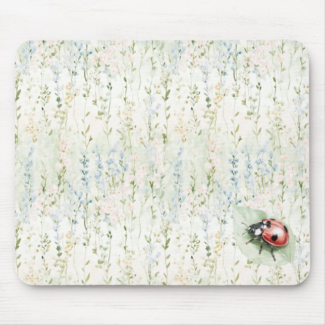Tapis De Souris Coccinelle Fleurs Crème Bleue (Devant)