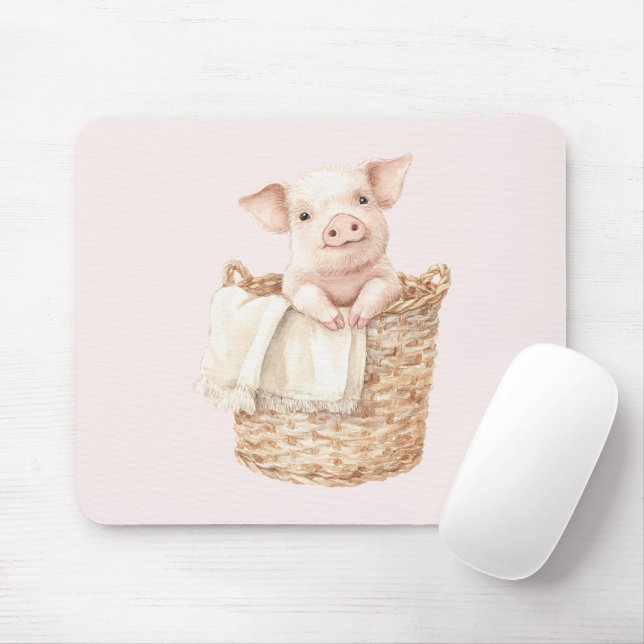 Tapis De Souris Cochon Rose dans un Panier (Avec souris)