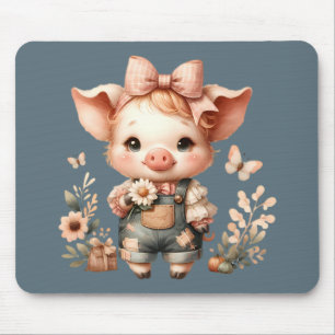 Tapis De Souris Cochonnet Fantaisiste en Salopette Pastel Bleu