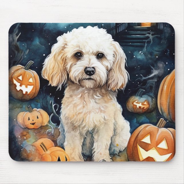 Tapis De Souris Cockapou d'Halloween avec la peur Citrouille (Devant)