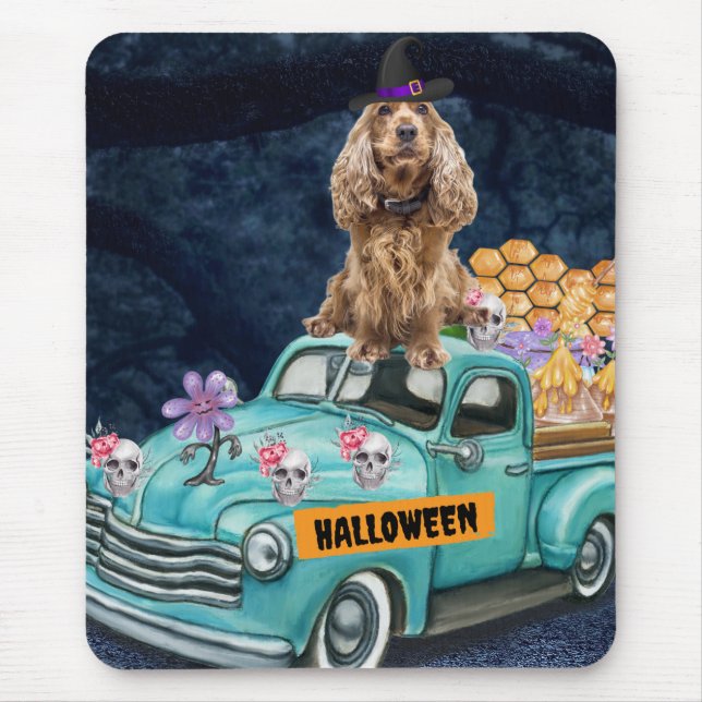 Tapis De Souris Cocker Spaniel Chien Halloween Camion La nuit de l (Devant)
