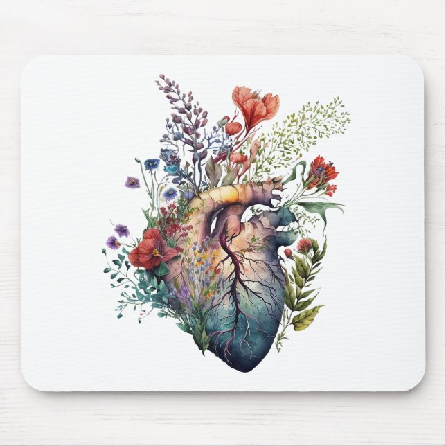 Tapis De Souris Coeur envahi de fleurs (découpé) - anatomie (Devant)