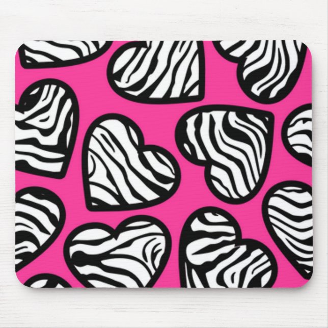 Tapis De Souris Coeur mignon fuschia rose noir blanc zèbre motif (Devant)