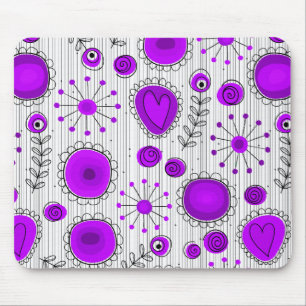 Tapis De Souris Coeurs blancs violet blanc Whimsical et fleurs flo