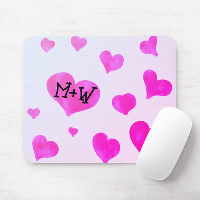 Tapis De Souris Coeurs d'aquarelle rose Personnalisé Nom de couple (Avec souris)