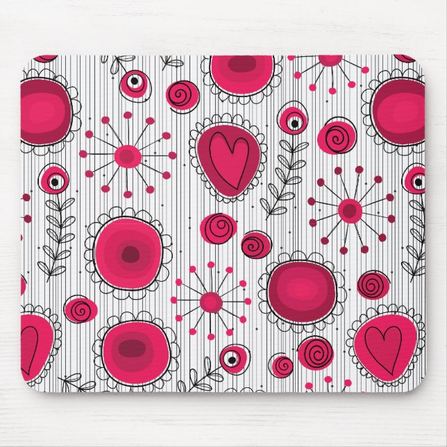 Tapis De Souris Coeurs et fleurs blancs et rouges blancs (Devant)