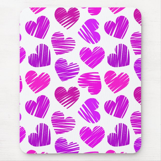 Tapis De Souris Coeurs griffés violets et roses modernes Valentine (Devant)