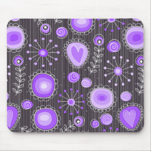 Tapis De Souris Coeurs gris violet blanc et fleurs florales