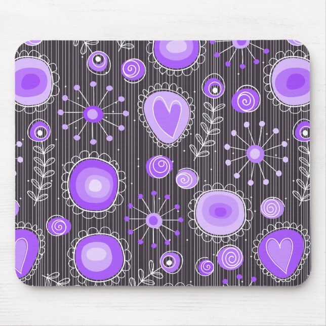 Tapis De Souris Coeurs gris violet blanc et fleurs florales (Devant)
