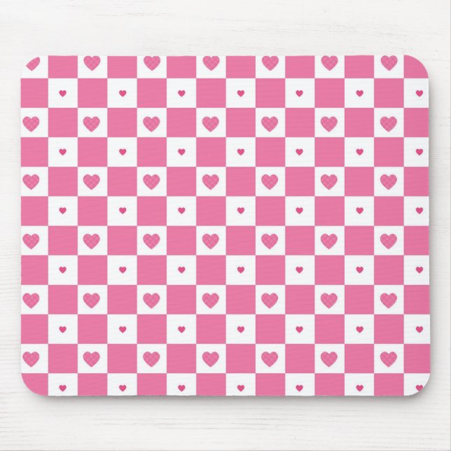 Tapis De Souris Coeurs rose mignon Fille rose Motif Checker blanc (Devant)
