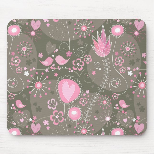 Tapis De Souris Coeurs Whimsical rose et gris, oiseaux et fleurs (Devant)