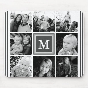 Tapis De Souris Collage de photos de famille au monogramme gris