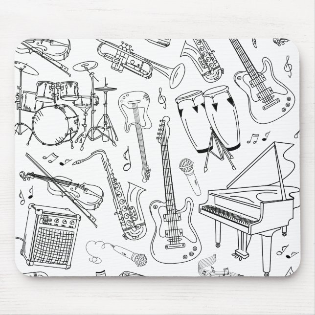 Tapis De Souris Collage d'instruments de musique en noir et blanc (Devant)