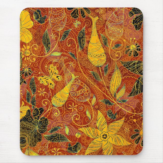 Tapis De Souris Collage floral rétro-jaune et rouge (Devant)