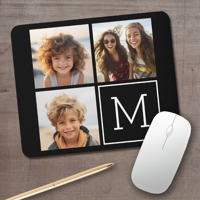 Tapis De Souris Collage photo tendance noir et blanc avec Monogram (Personalized mouse pad with your photos and text)