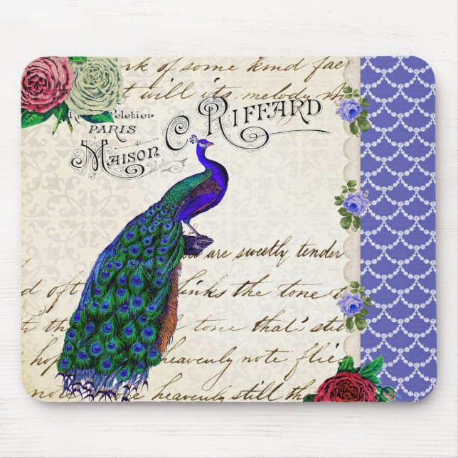 Tapis De Souris Collage vintage de chanson de paon (Devant)