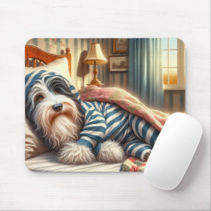 Tapis De Souris Collie barrée portant un pyjama rayé