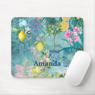 Tapis De Souris Collier chic bleu turquoise sicilien agrus floral
