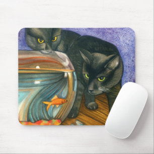 Tapis De Souris Coloré Deux Chats Noirs Eyeing Gold Fish Bowl