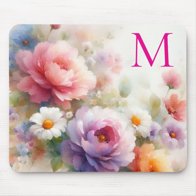 Tapis De Souris Colorful Watercolor Floral Template Monogram (Devant)