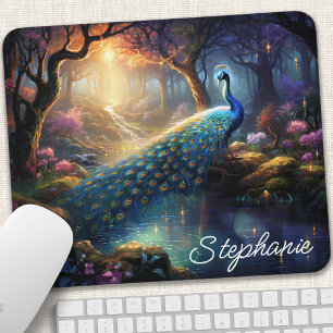 Tapis De Souris Conception de nom de fantaisie de paon enchanté