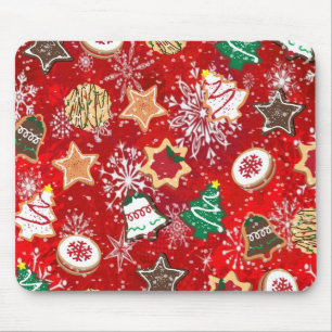 Tapis De Souris Cookies de Noël et flocons de neige sur fond rouge