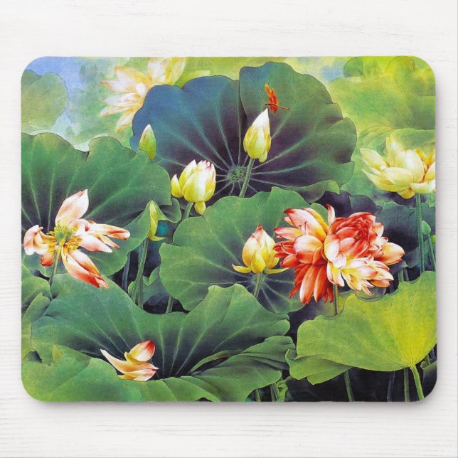 Tapis De Souris Cool belle feuille de lotus chinois fleurie verte  (Devant)