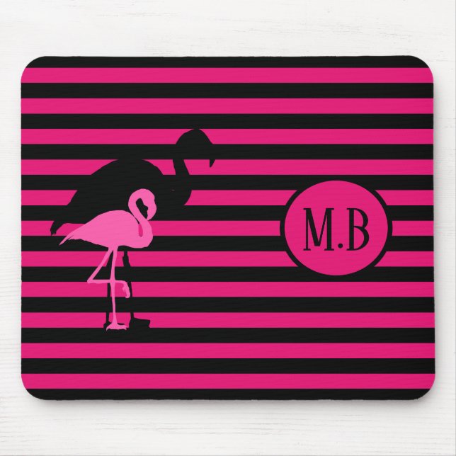 Tapis De Souris Cool Flamant rose noir et rose rayures Monogramme (Devant)
