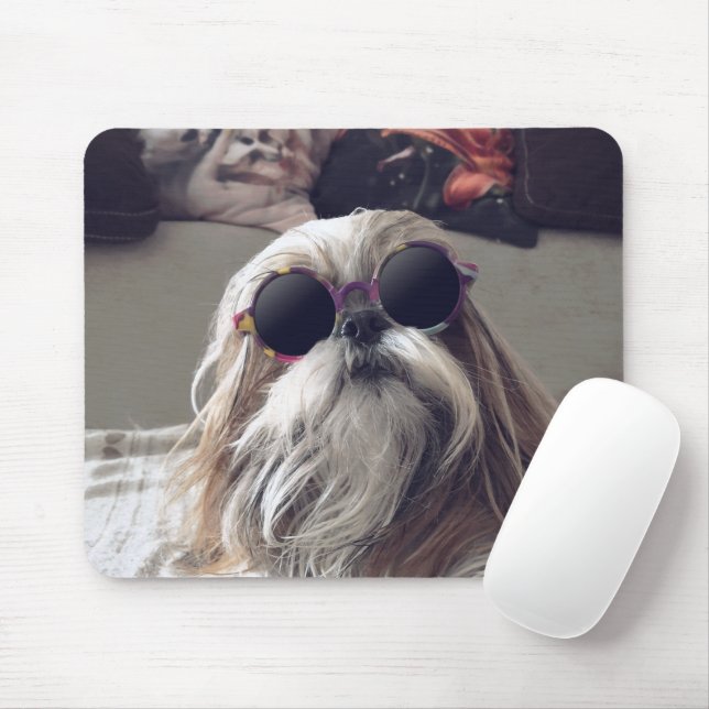Tapis De Souris Cool Shih Tzu cheveux longs Lunettes de soleil vin (Avec souris)