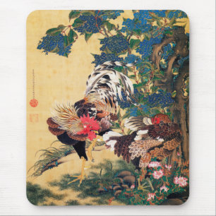 Tapis De Souris Coq et Hen avec Hydrangeas par Ito Jakuchu