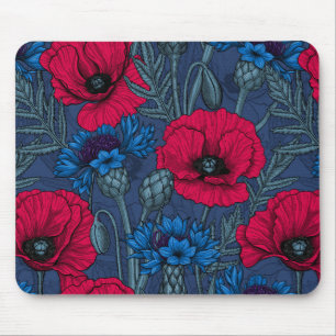 Tapis De Souris Coquelicots rouges et fleurs bleues sur bleu