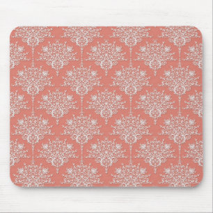 Tapis De Souris Corail et blanc Élégant Damas Floral