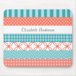 Tapis De Souris Corail Girly et motif turquoise de bande de Washi