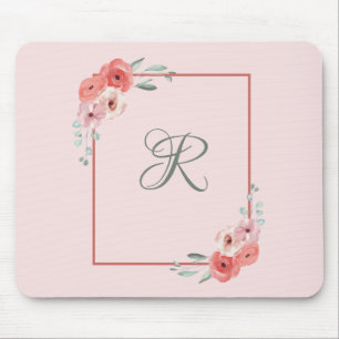 Tapis De Souris Corail rose et floral blanc vert avec monogramme