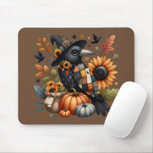Tapis De Souris Corbeau fantaisiste avec citrouilles et tournesols