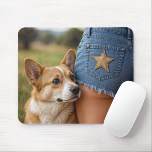 Tapis De Souris Corgi Chien Avec Une Jeune Femme À Denim Shorts