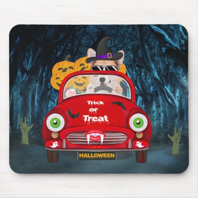 Tapis De Souris Corgi Chien Conduite voiture effrayant Halloween (Devant)