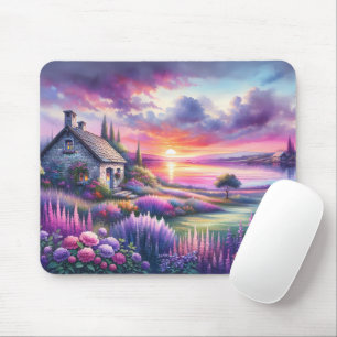 Tapis De Souris Cottage au coucher de soleil pastel Jardin au bord