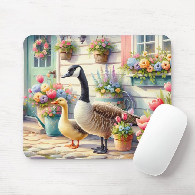 Tapis De Souris Cottage Garden Geese Spring Illustration (Avec souris)