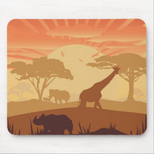 Tapis De Souris Coucher de soleil safari silhouette faune nature b