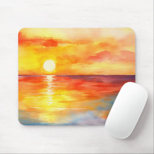 Tapis De Souris Coucher de soleil tropical océanique à l'aquarelle