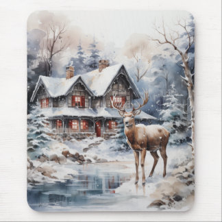 Tapis De Souris Couleur d'hiver - Cerf et chalet