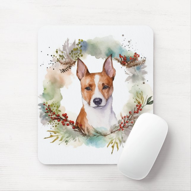 Tapis De Souris Coupe de fête de la couronne de Noël Basenji (Avec souris)