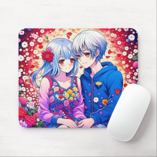 Tapis De Souris Couple Anime mignon, Fleurs et Coeurs