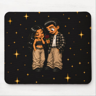 Tapis De Souris Couple d'amour chicano Rose rouge et étoiles dorée