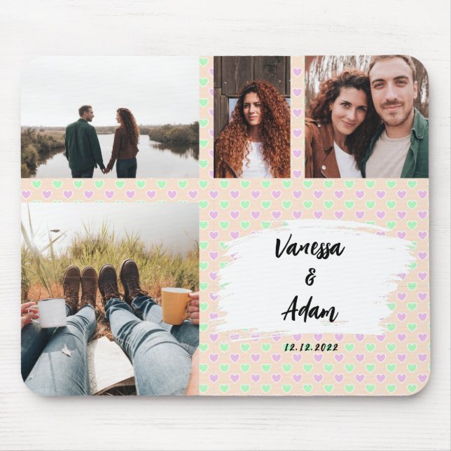Tapis De Souris Couple Photo Collage Violet & Coeurs verts Motif (Devant)