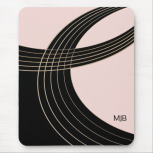 Tapis De Souris Courbes Art Déco Noir et Rose avec Monogramme