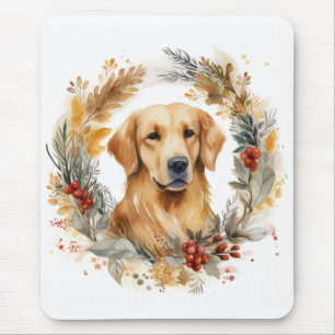 Tapis De Souris Couronne de Noël au Golden Retriever Chien de fête
