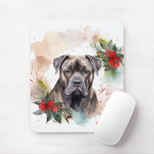 Tapis De Souris Couronne de Noël festive de Cane Corso (Avec souris)